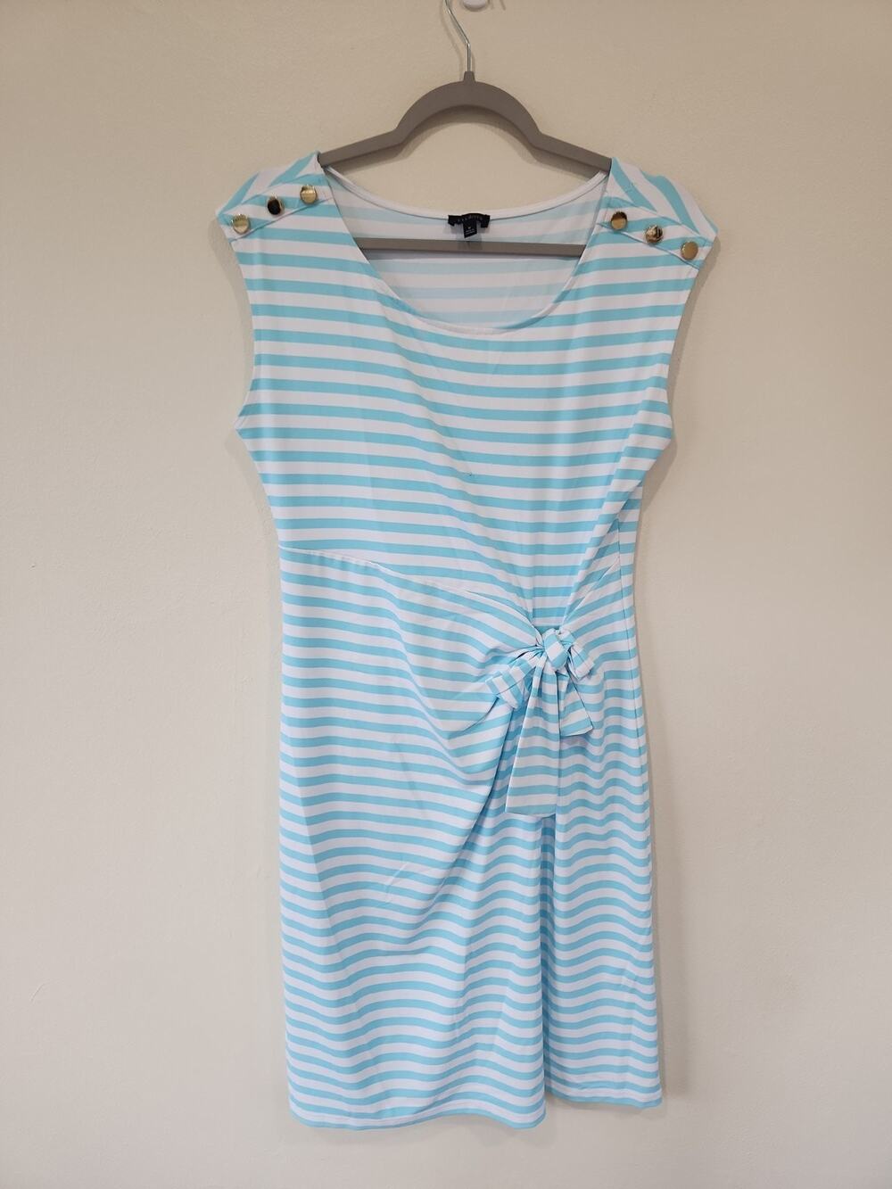 Talbots Effortless Jersey Striped Tie Shift Dress Short Sleeve Knee Womens M
